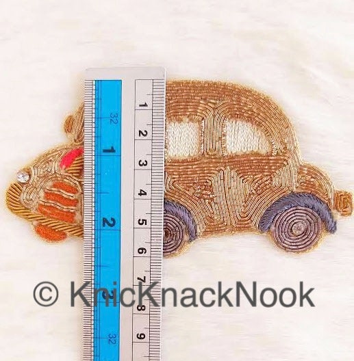 Hand Embroidered Car Applique In Gold Zardozi And Beige, Red, Brown And Grey Embroidery