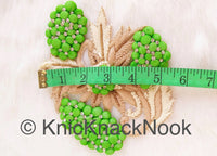 Thumbnail for Green, Beige And Off White Embroidered Flower Applique Patch With Diamante Crytals And Gold Matt Beads, 3D Floral Applique