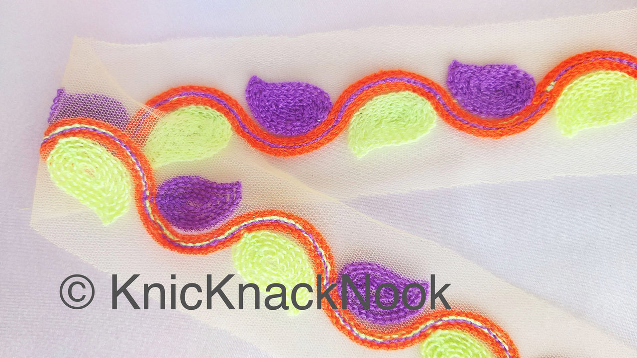 Wholesale Beige Net With Green, Purple And Orange Embroidery, Leaves Pattern Trim