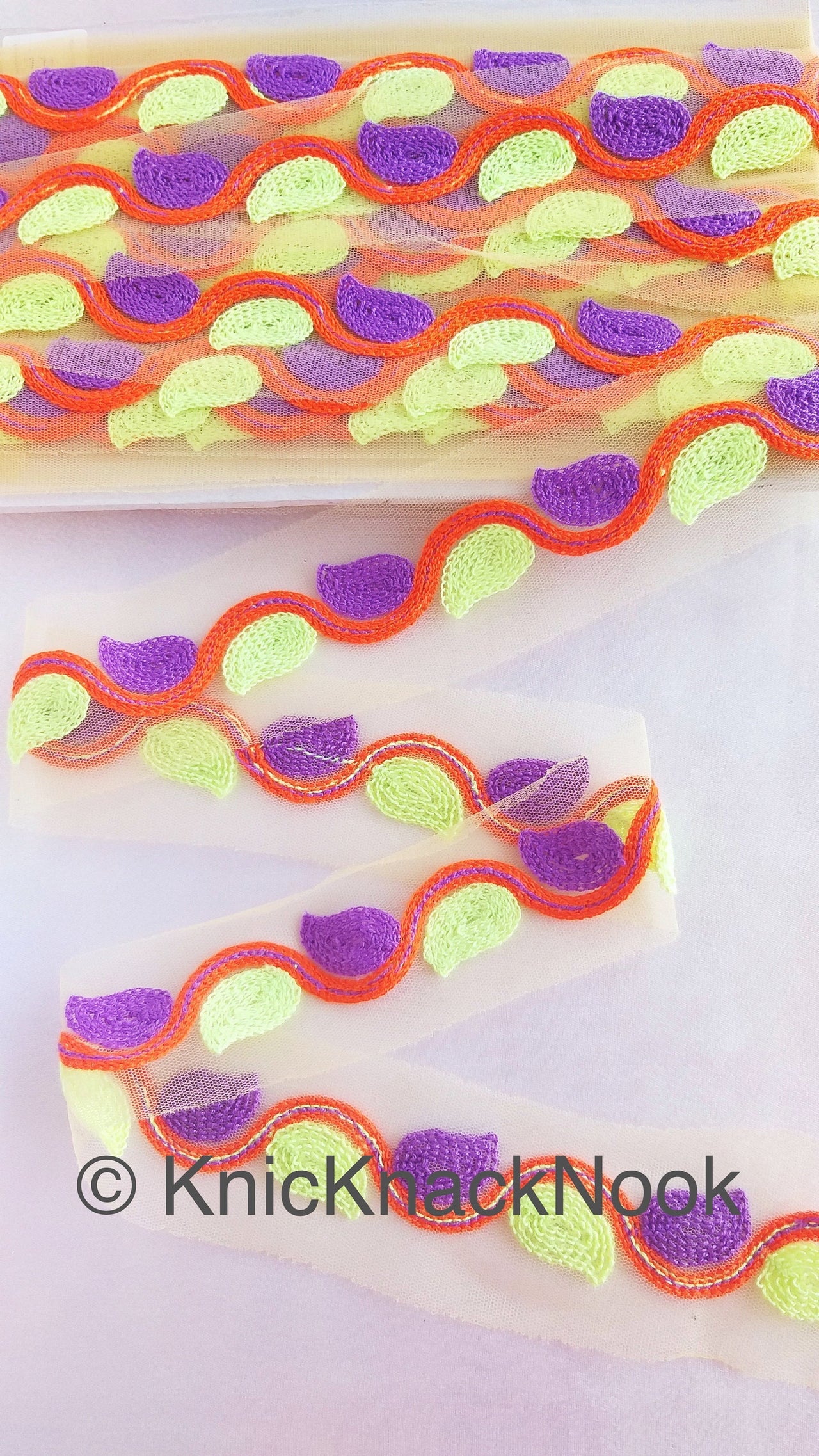 Wholesale Beige Net With Green, Purple And Orange Embroidery, Leaves Pattern Trim