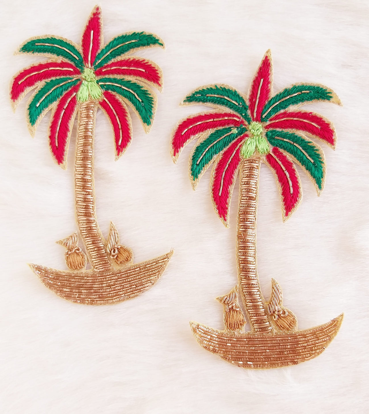 Coconut Tree Applique Hand Embroidered In Bullion Wire (Zardozi), Red, Green and Gold Motif