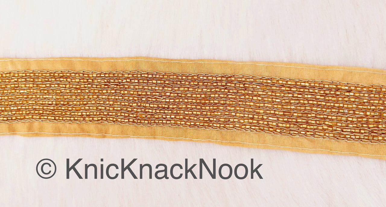 Wholesale Beige Art Silk Fabric Trim With Gold Bugle Beads Embellishments And Gold Embroidery, Beaded Trim, 