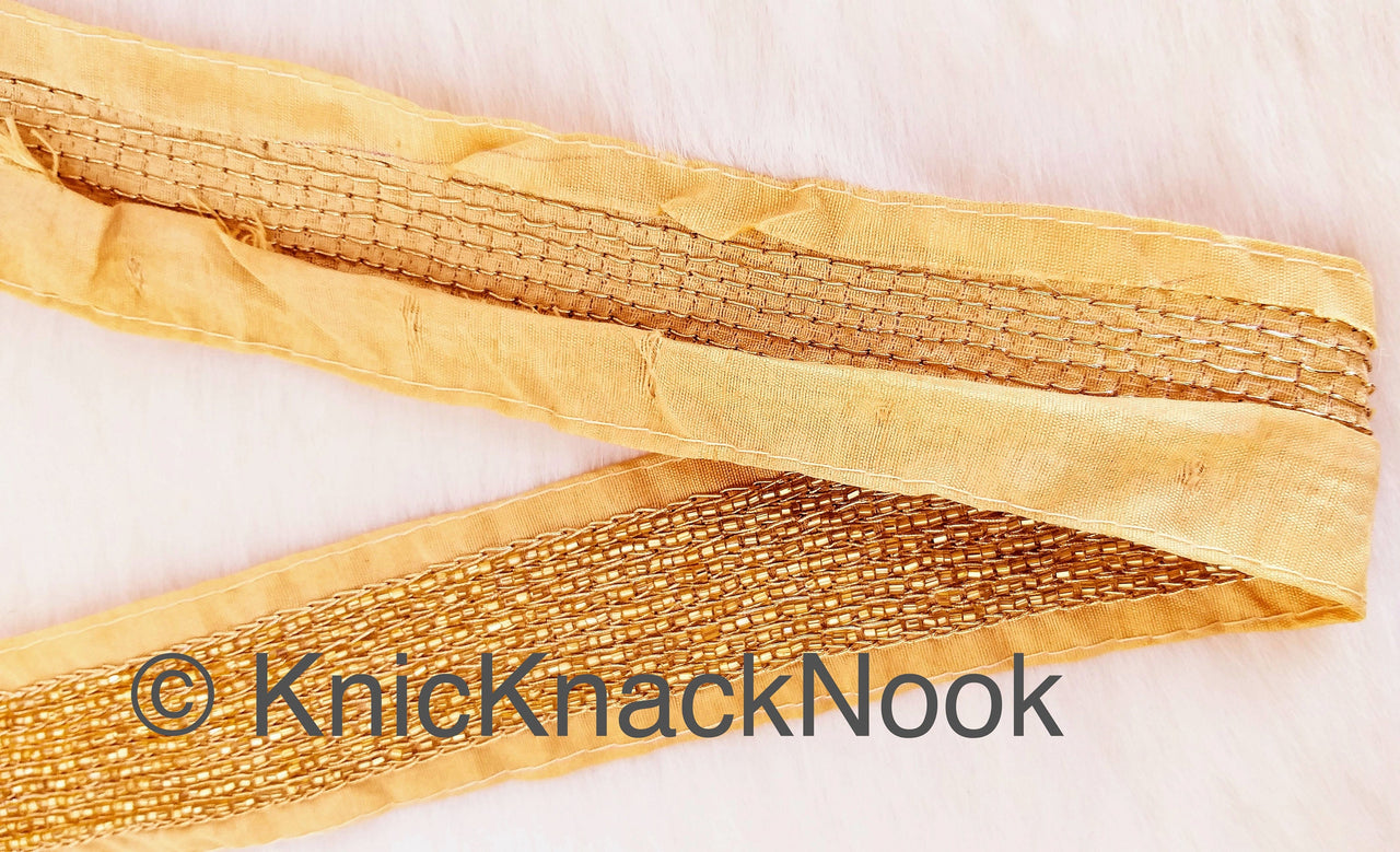 Wholesale Beige Art Silk Fabric Trim With Gold Bugle Beads Embellishments And Gold Embroidery, Beaded Trim, 