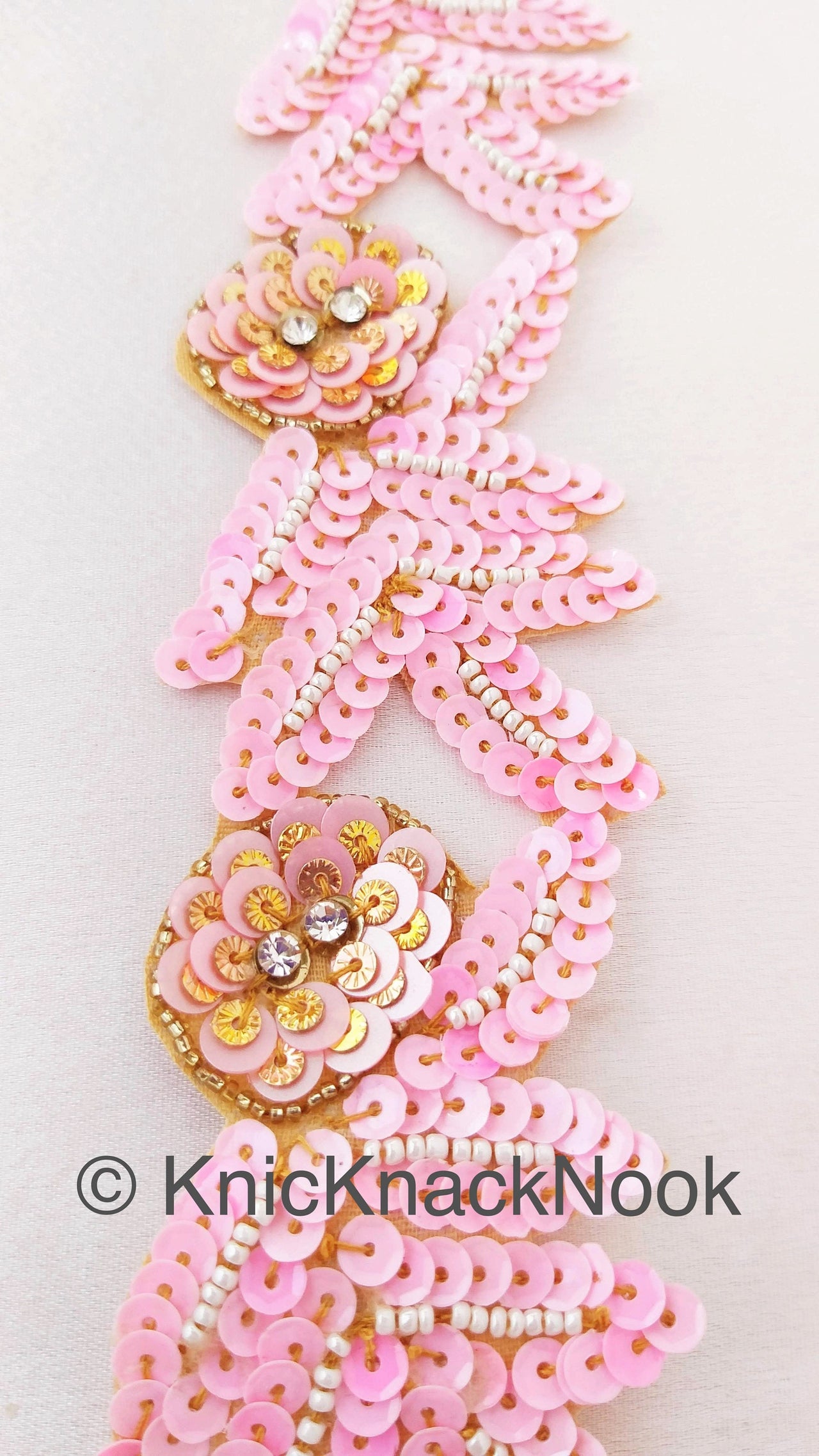 Wholesale Sequins Trim, Pink And Gold With Diamante Beads, Floral Trims