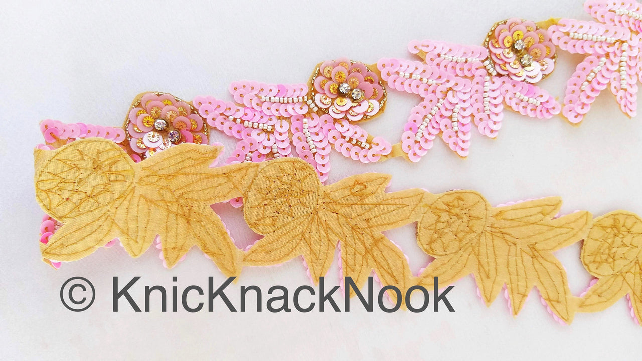 Wholesale Sequins Trim, Pink And Gold With Diamante Beads, Floral Trims