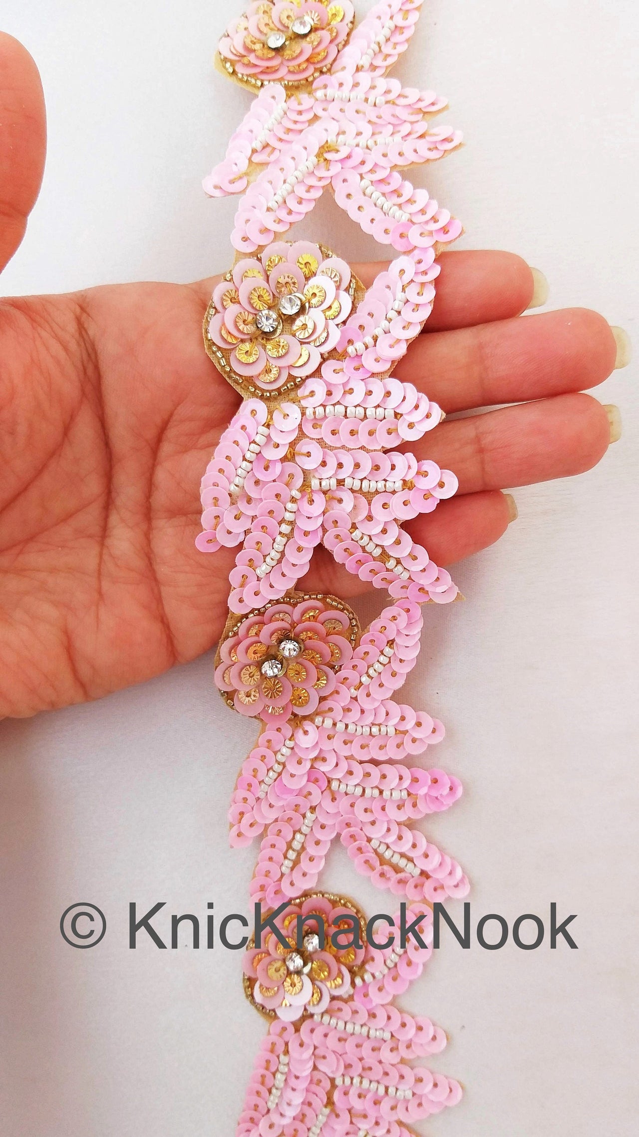 Wholesale Sequins Trim, Pink And Gold With Diamante Beads, Floral Trims