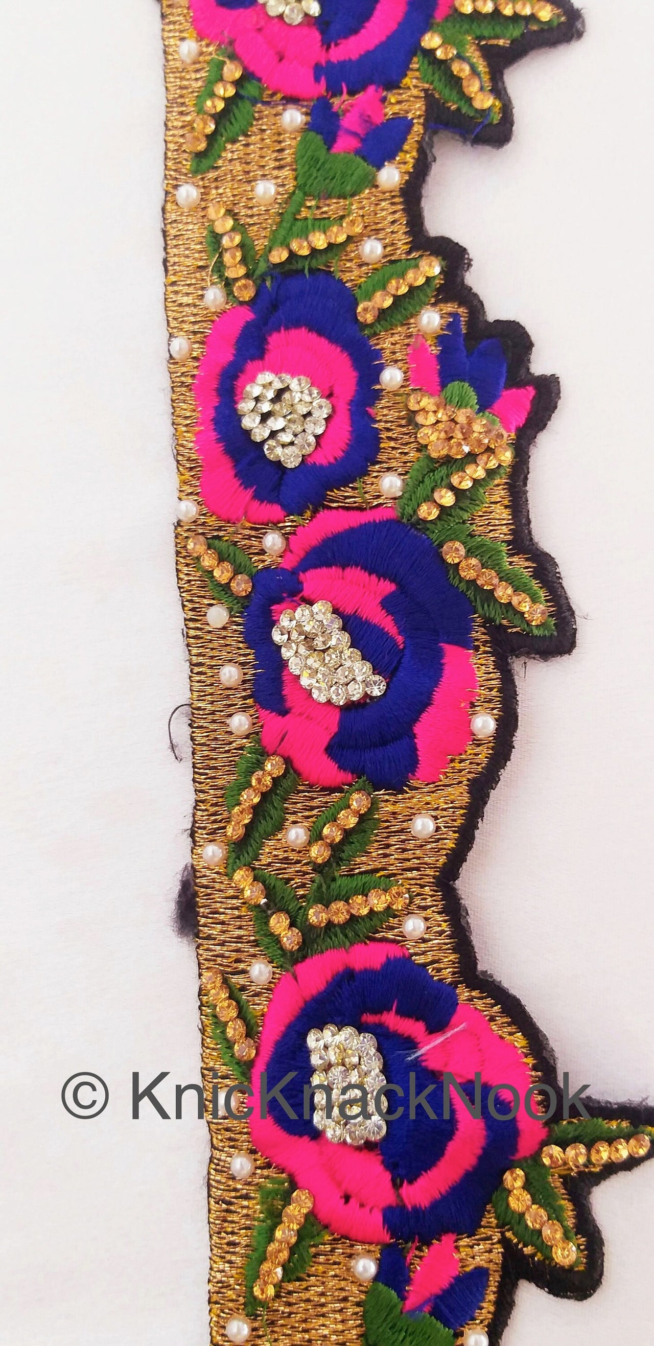 Wholesale Floral Embroidered Fabric Trim In Gold, Black, Pink and Blue Embroidery With Pearl Beads and Rhinestones