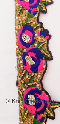 Thumbnail for Wholesale Floral Embroidered Fabric Trim In Gold, Black, Pink and Blue Embroidery With Pearl Beads and Rhinestones