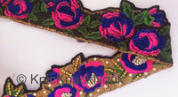 Thumbnail for Wholesale Floral Embroidered Fabric Trim In Gold, Black, Pink and Blue Embroidery With Pearl Beads and Rhinestones