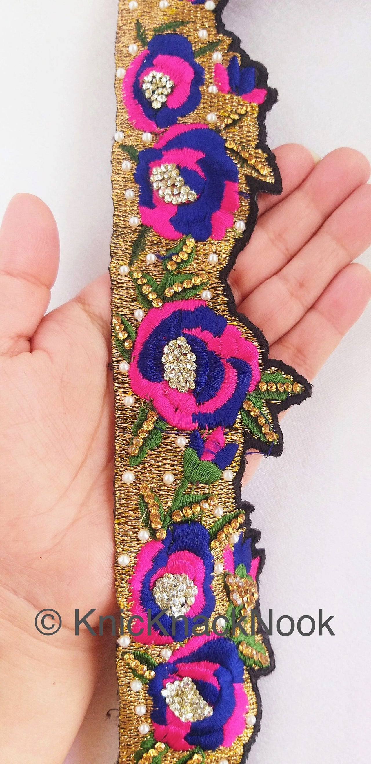 Wholesale Floral Embroidered Fabric Trim In Gold, Black, Pink and Blue Embroidery With Pearl Beads and Rhinestones