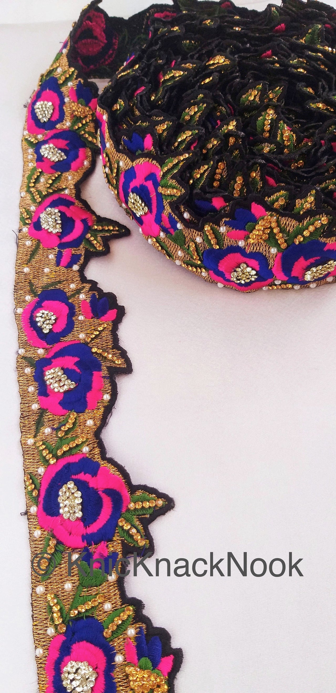 Wholesale Floral Embroidered Fabric Trim In Gold, Black, Pink and Blue Embroidery With Pearl Beads and Rhinestones