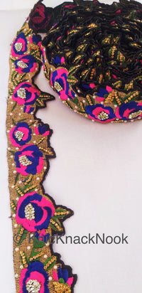 Thumbnail for Wholesale Floral Embroidered Fabric Trim In Gold, Black, Pink and Blue Embroidery With Pearl Beads and Rhinestones