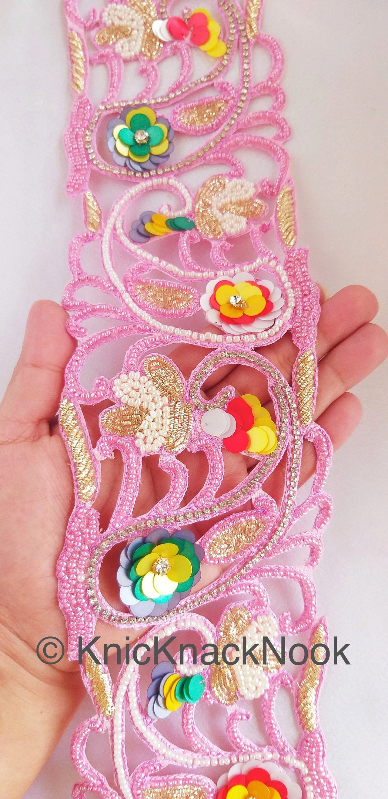 Wholesale Pink Hand Embroidered Cutwork Trim In Pink & White Seed Beads, Multicolour Sequins, Zardozi and Rhinestones