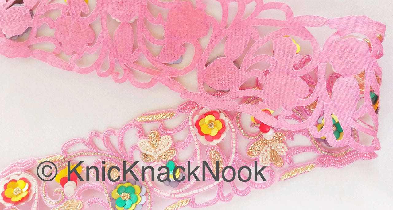 Wholesale Pink Hand Embroidered Cutwork Trim In Pink & White Seed Beads, Multicolour Sequins, Zardozi and Rhinestones