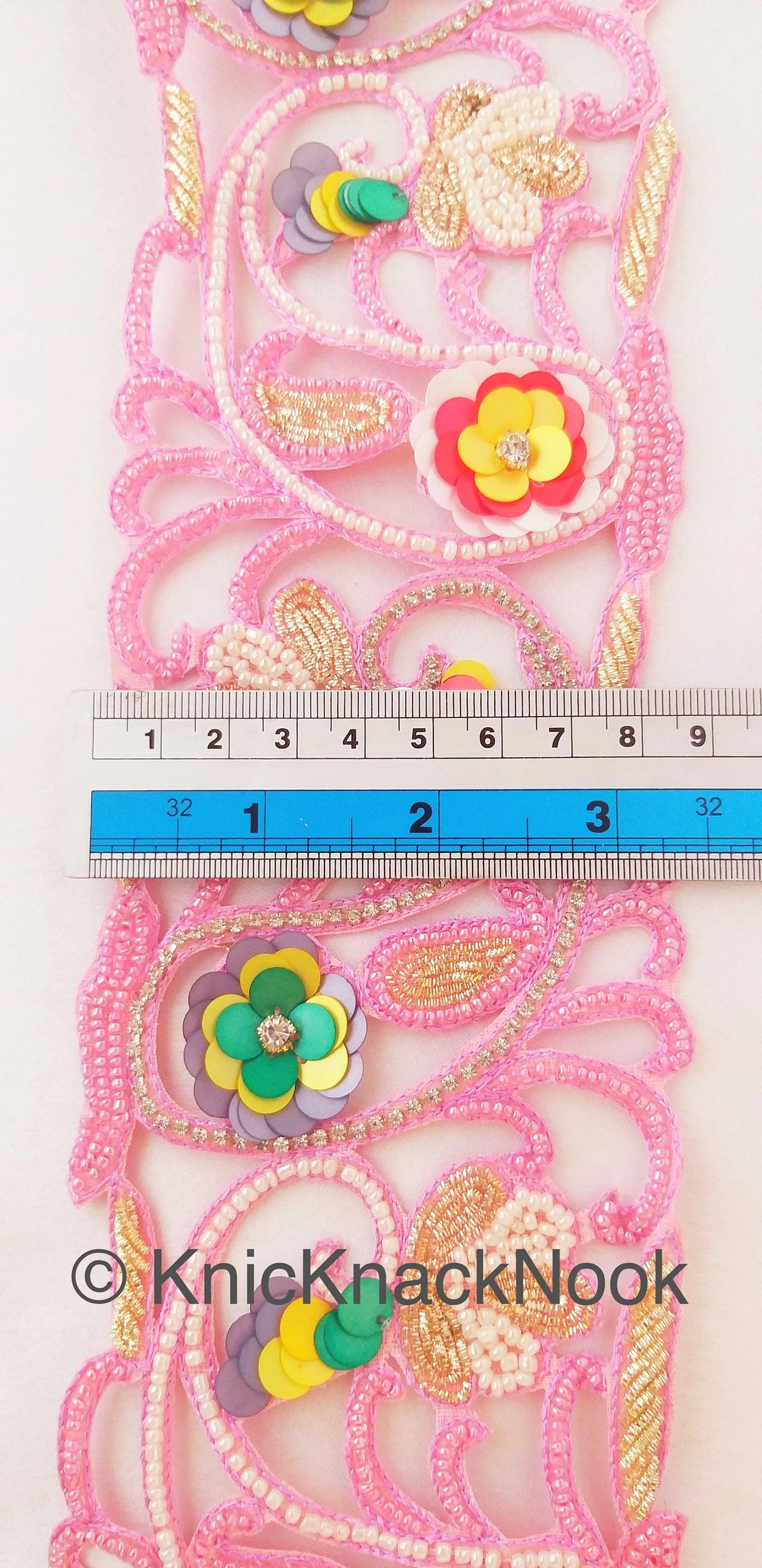 Wholesale Pink Hand Embroidered Cutwork Trim In Pink & White Seed Beads, Multicolour Sequins, Zardozi and Rhinestones