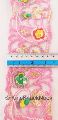 Thumbnail for Wholesale Pink Hand Embroidered Cutwork Trim In Pink & White Seed Beads, Multicolour Sequins, Zardozi and Rhinestones