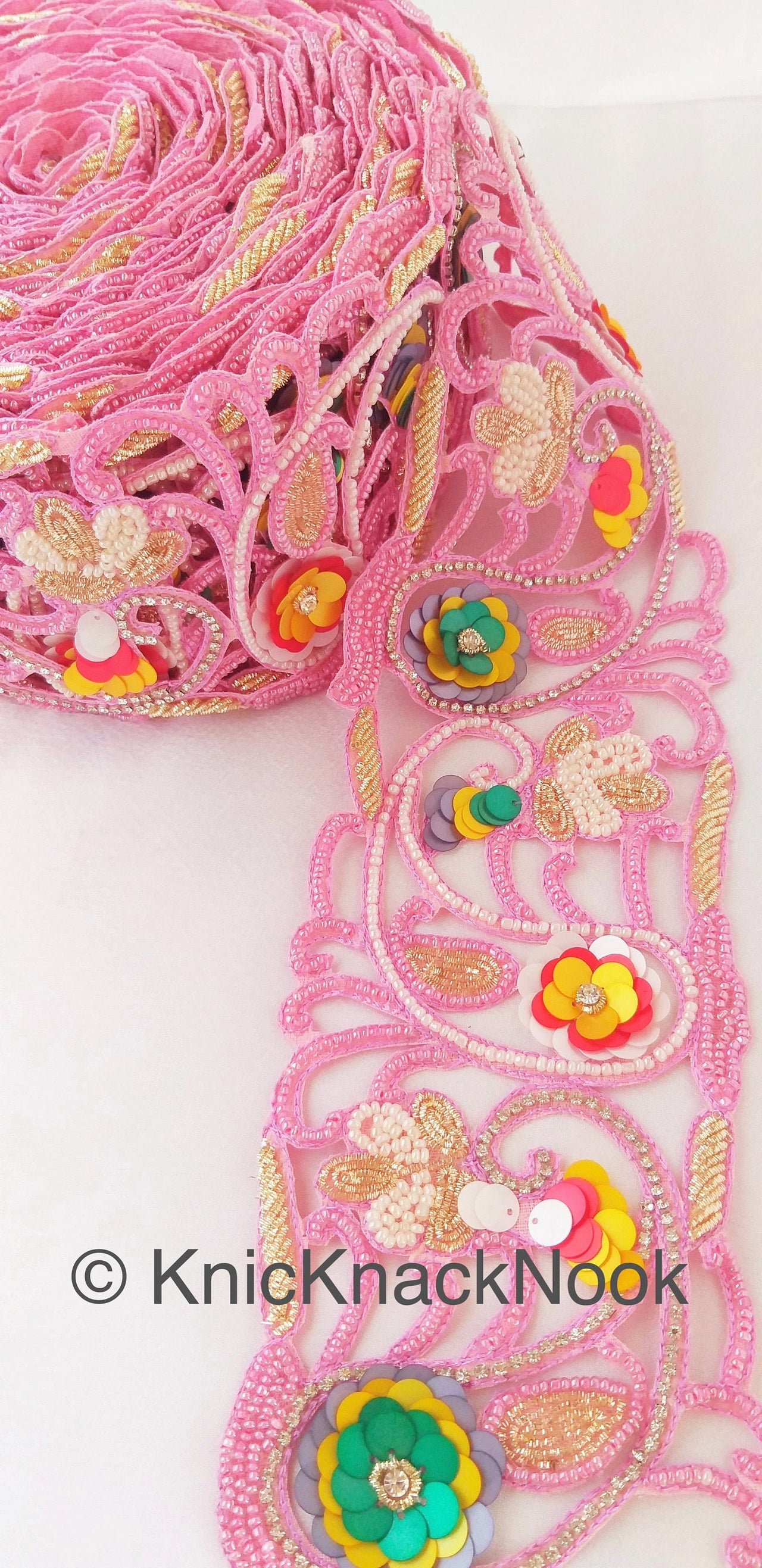 Wholesale Pink Hand Embroidered Cutwork Trim In Pink & White Seed Beads, Multicolour Sequins, Zardozi and Rhinestones