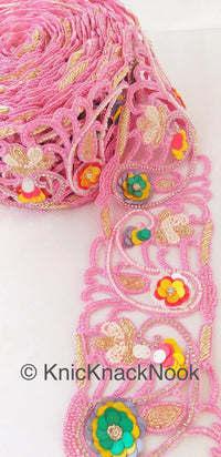 Thumbnail for Wholesale Pink Hand Embroidered Cutwork Trim In Pink & White Seed Beads, Multicolour Sequins, Zardozi and Rhinestones