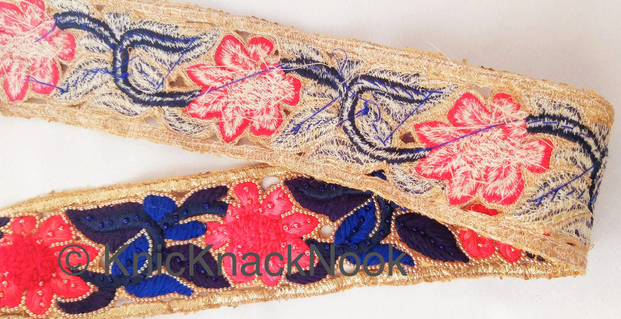 Wholesale Blue And Gold Hand Embroidered Cutwork Lace Trim, Floral Embroidery Beaded, Wedding  Trim