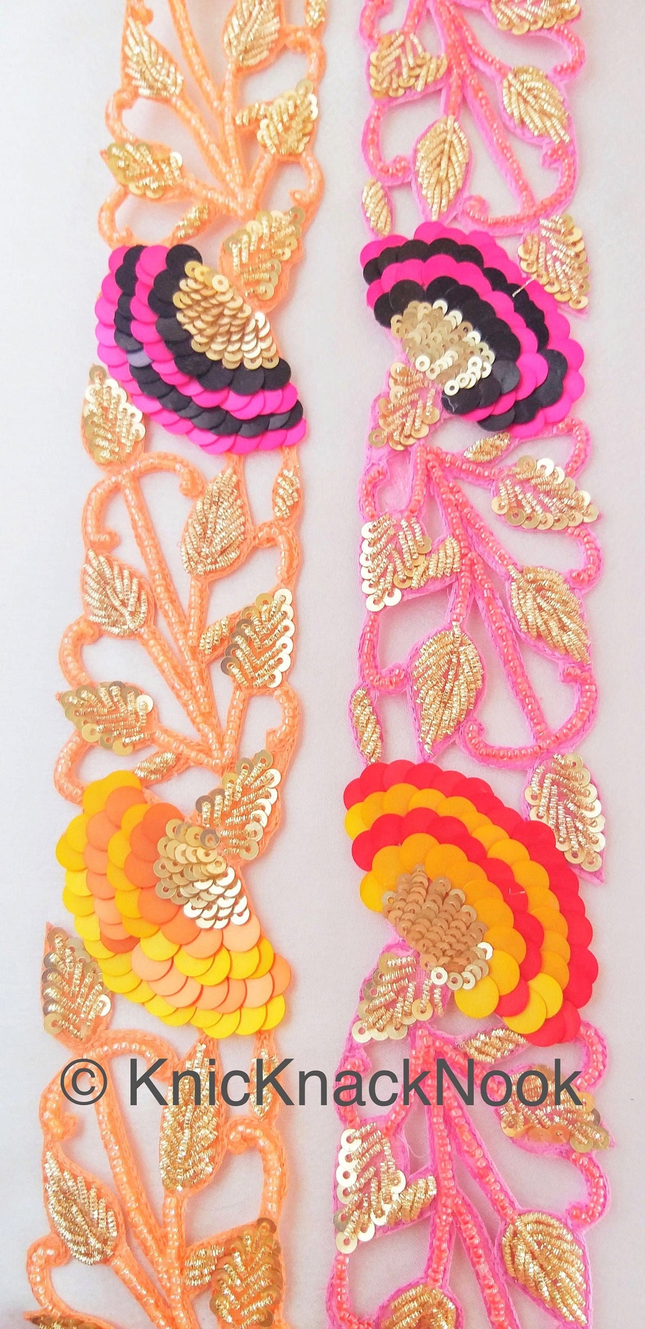 Wholesale Peach Indian Beaded Lace Trim, Handmade, Sequins Trim