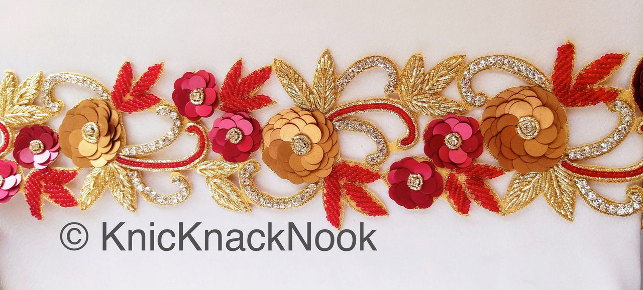 Wholesale Red / Blue & Gold Hand Embroidered Zardozi Cutwork Lace Trim Beaded Trim, Sequins Rhinestones Wedding  Bridal Belt