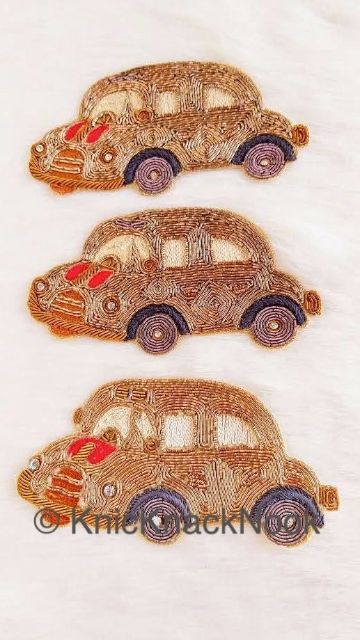 Hand Embroidered Car Applique In Gold Zardozi And Beige, Red, Brown And Grey Embroidery