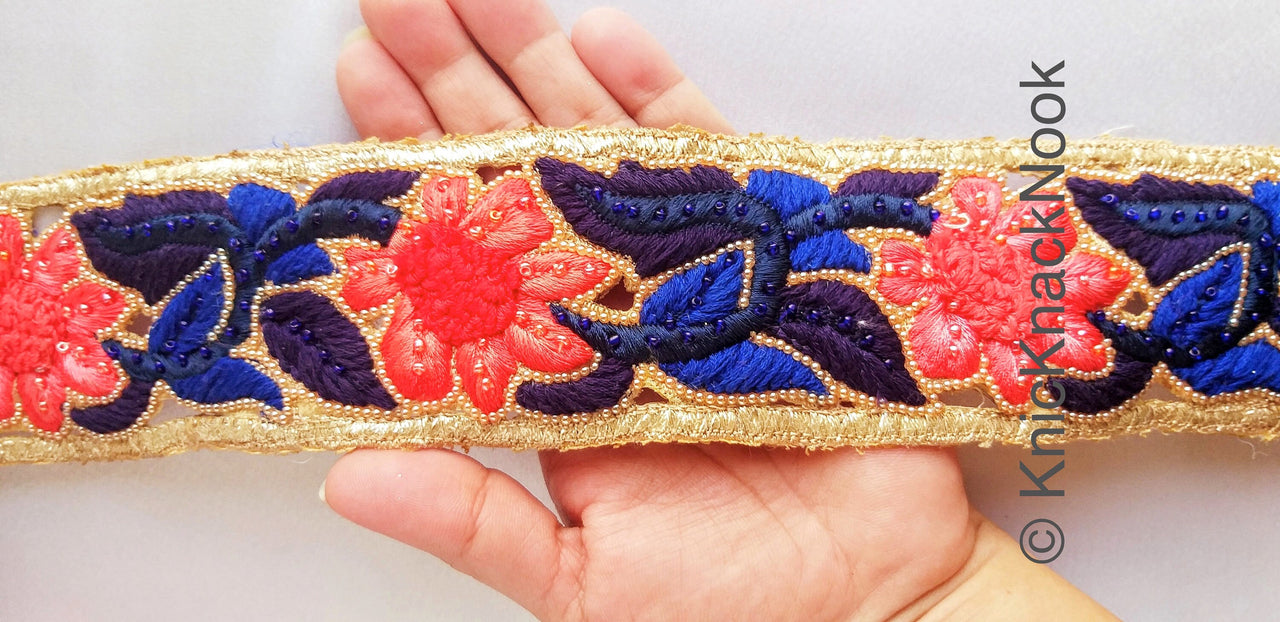 Wholesale Blue And Gold Hand Embroidered Cutwork Lace Trim, Floral Embroidery Beaded, Wedding  Trim