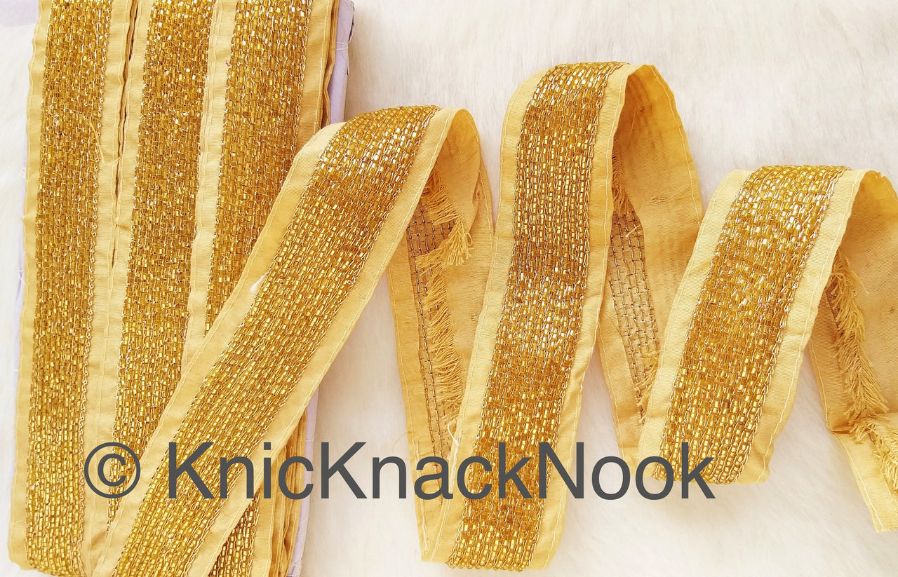 Wholesale Beige Art Silk Fabric Trim With Gold Bugle Beads Embellishments And Gold Embroidery, Beaded Trim, 