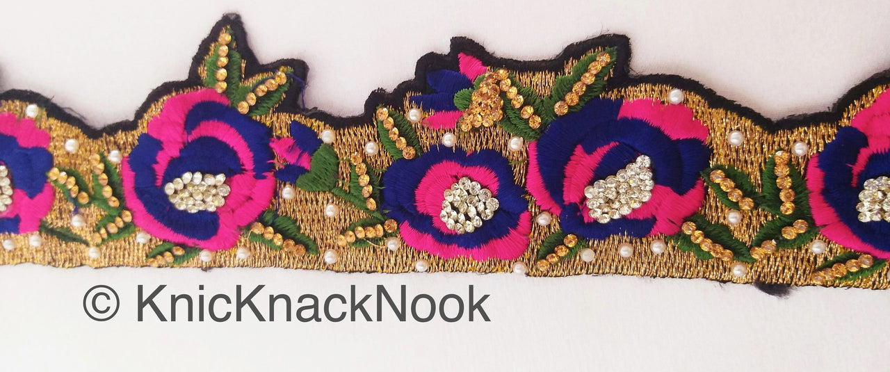 Wholesale Floral Embroidered Fabric Trim In Gold, Black, Pink and Blue Embroidery With Pearl Beads and Rhinestones