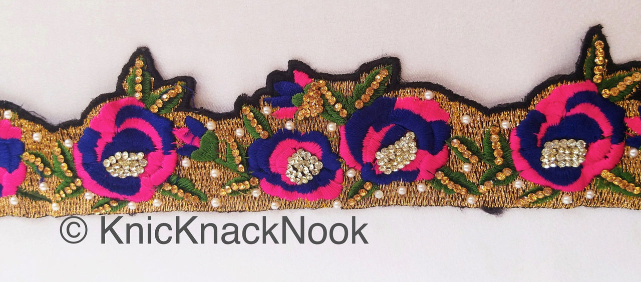 Wholesale Floral Embroidered Fabric Trim In Gold, Black, Pink and Blue Embroidery With Pearl Beads and Rhinestones