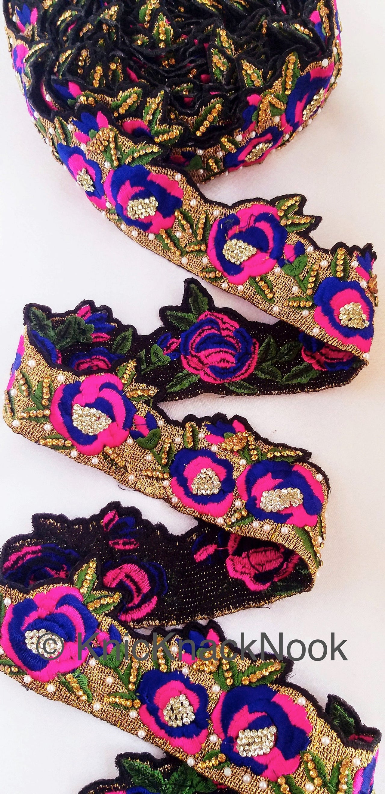 Wholesale Floral Embroidered Fabric Trim In Gold, Black, Pink and Blue Embroidery With Pearl Beads and Rhinestones