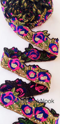 Thumbnail for Wholesale Floral Embroidered Fabric Trim In Gold, Black, Pink and Blue Embroidery With Pearl Beads and Rhinestones