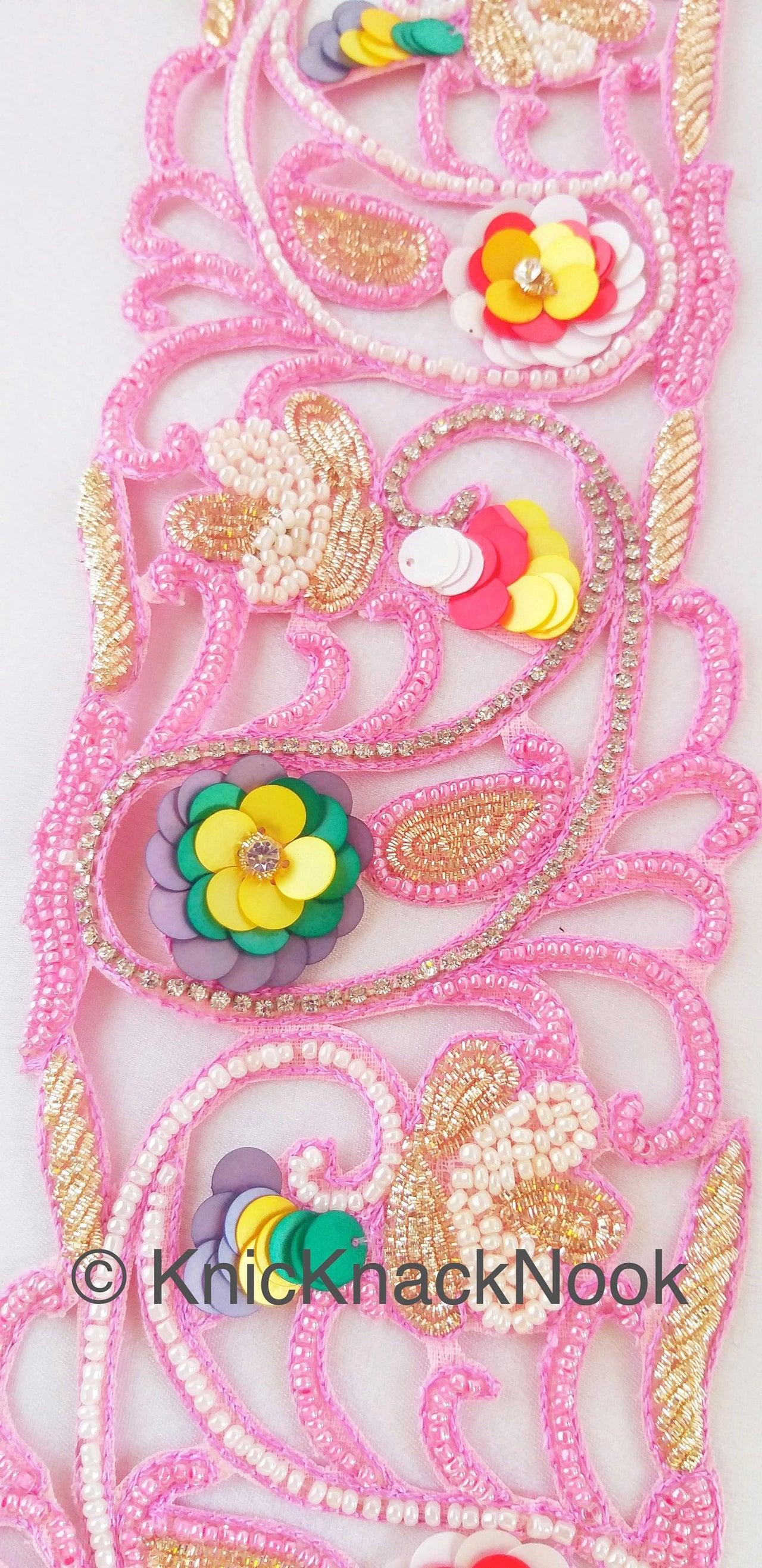 Wholesale Pink Hand Embroidered Cutwork Trim In Pink & White Seed Beads, Multicolour Sequins, Zardozi and Rhinestones