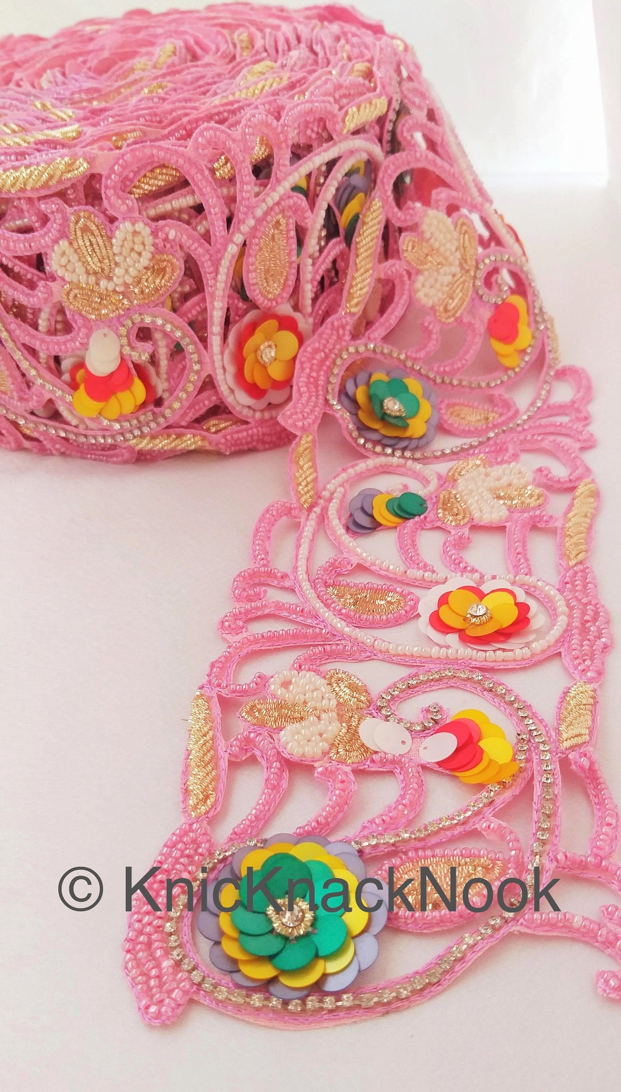 Wholesale Pink Hand Embroidered Cutwork Trim In Pink & White Seed Beads, Multicolour Sequins, Zardozi and Rhinestones