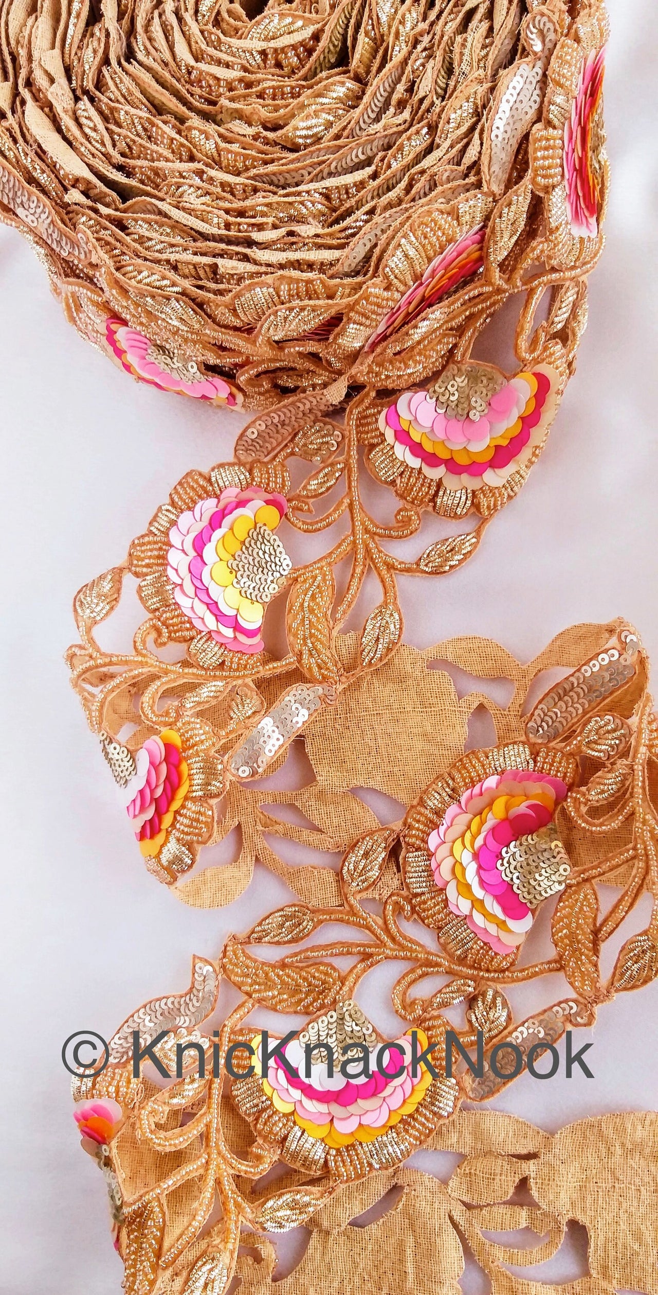 Wholesale Exclusive Gold Hand Embroidered Cutwork Lace Trim, Floral Embroidery Beaded Trim, Sequins