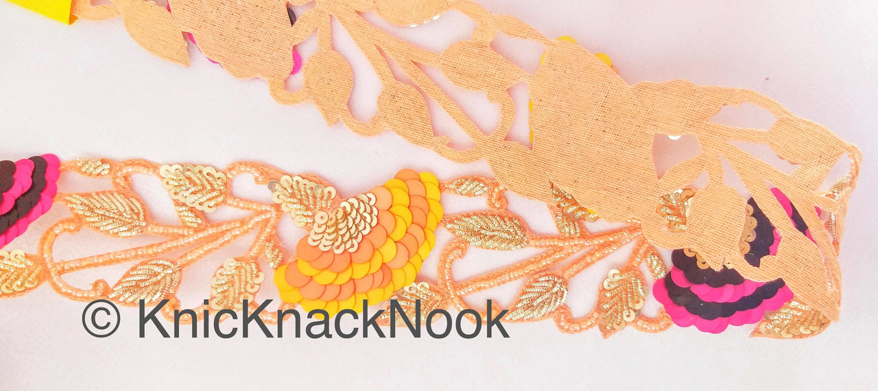 Wholesale Peach Indian Beaded Lace Trim, Handmade, Sequins Trim