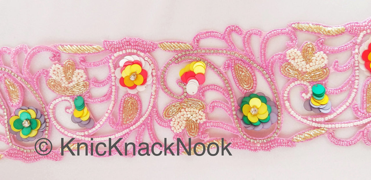 Wholesale Pink Hand Embroidered Cutwork Trim In Pink & White Seed Beads, Multicolour Sequins, Zardozi and Rhinestones