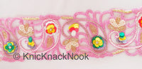 Thumbnail for Wholesale Pink Hand Embroidered Cutwork Trim In Pink & White Seed Beads, Multicolour Sequins, Zardozi and Rhinestones