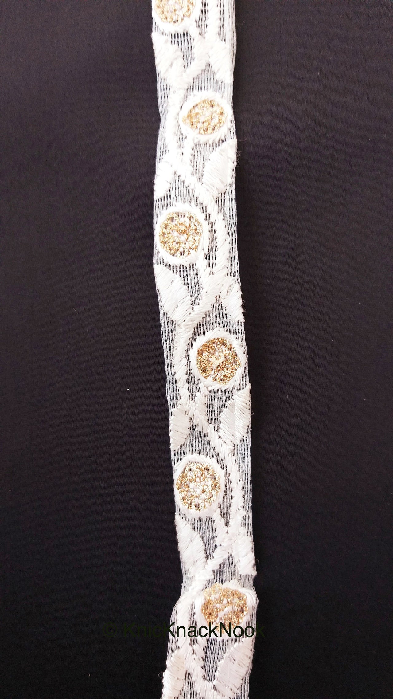 White Net Lace Trim In  Floral Embroidery And Glitter Gold Sequins, , Wedding Trims