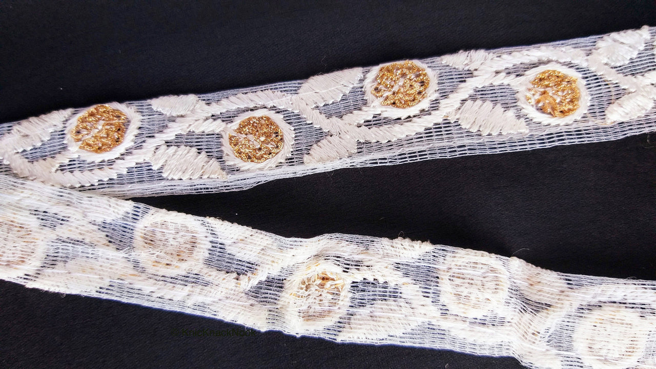 White Net Lace Trim In  Floral Embroidery And Glitter Gold Sequins, , Wedding Trims