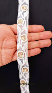 Thumbnail for White Net Lace Trim In  Floral Embroidery And Glitter Gold Sequins, , Wedding Trims