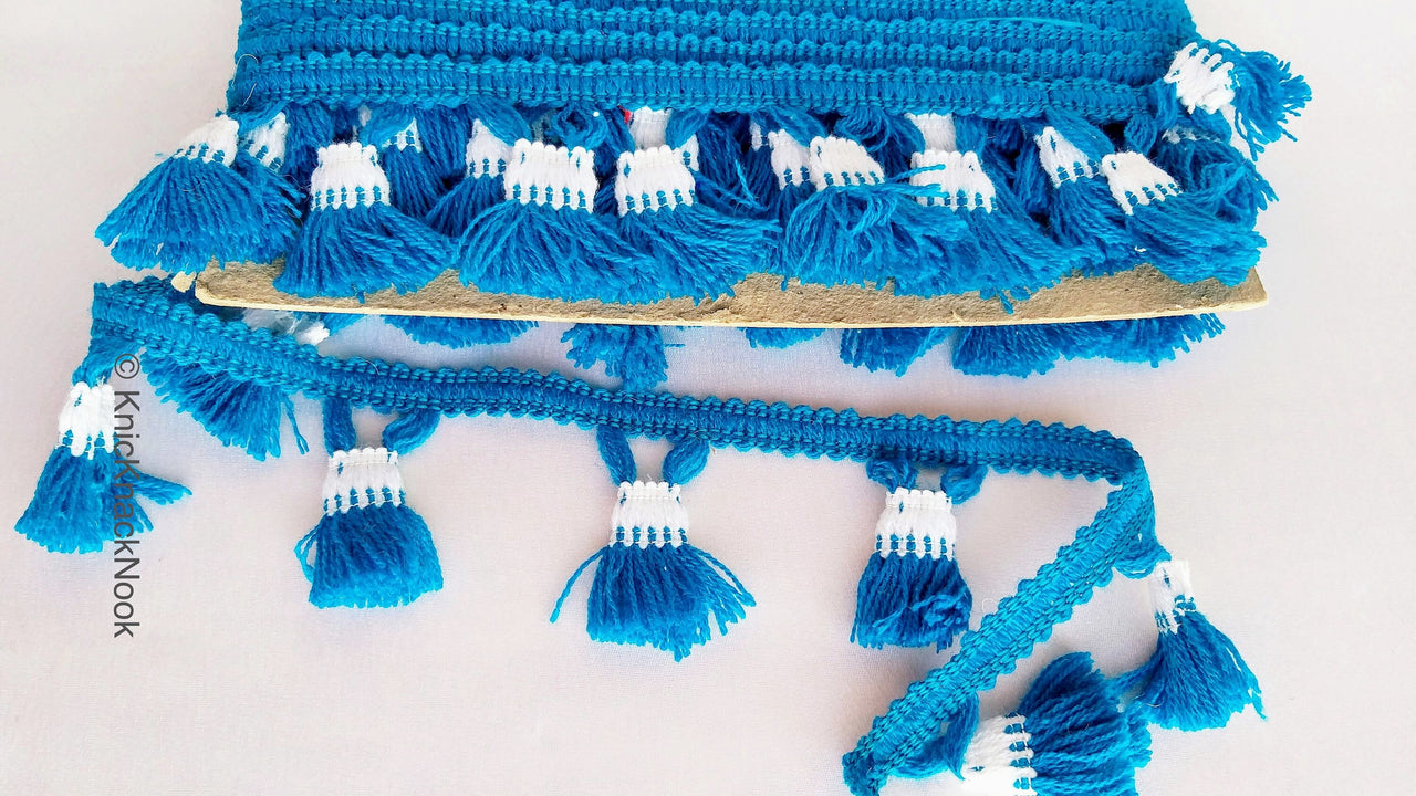 Blue and White Tassel With Blue Thread Lace Trim, Fringe Trim, Tassels