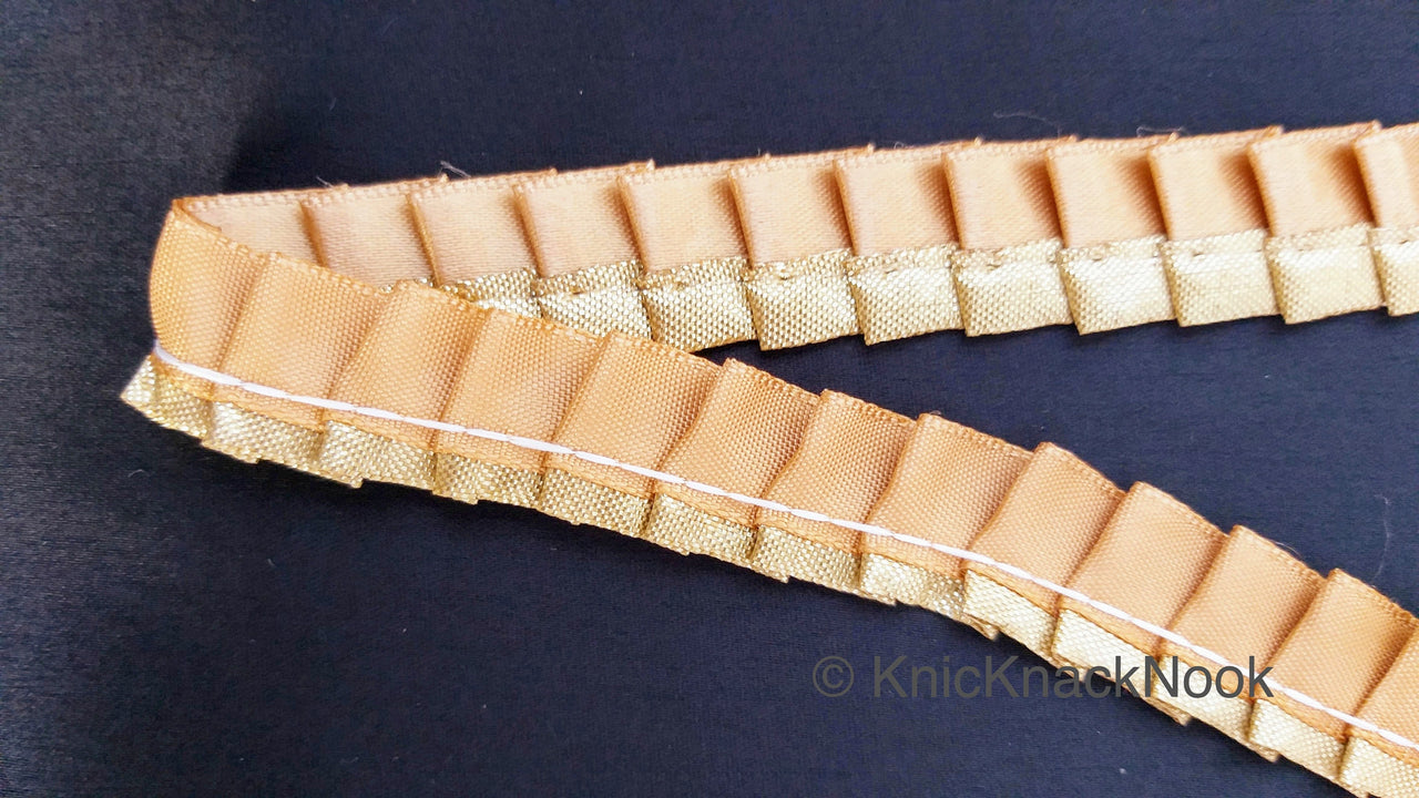 Satin, Tan Brown & Gold Pleated Lace Trim,  Trim