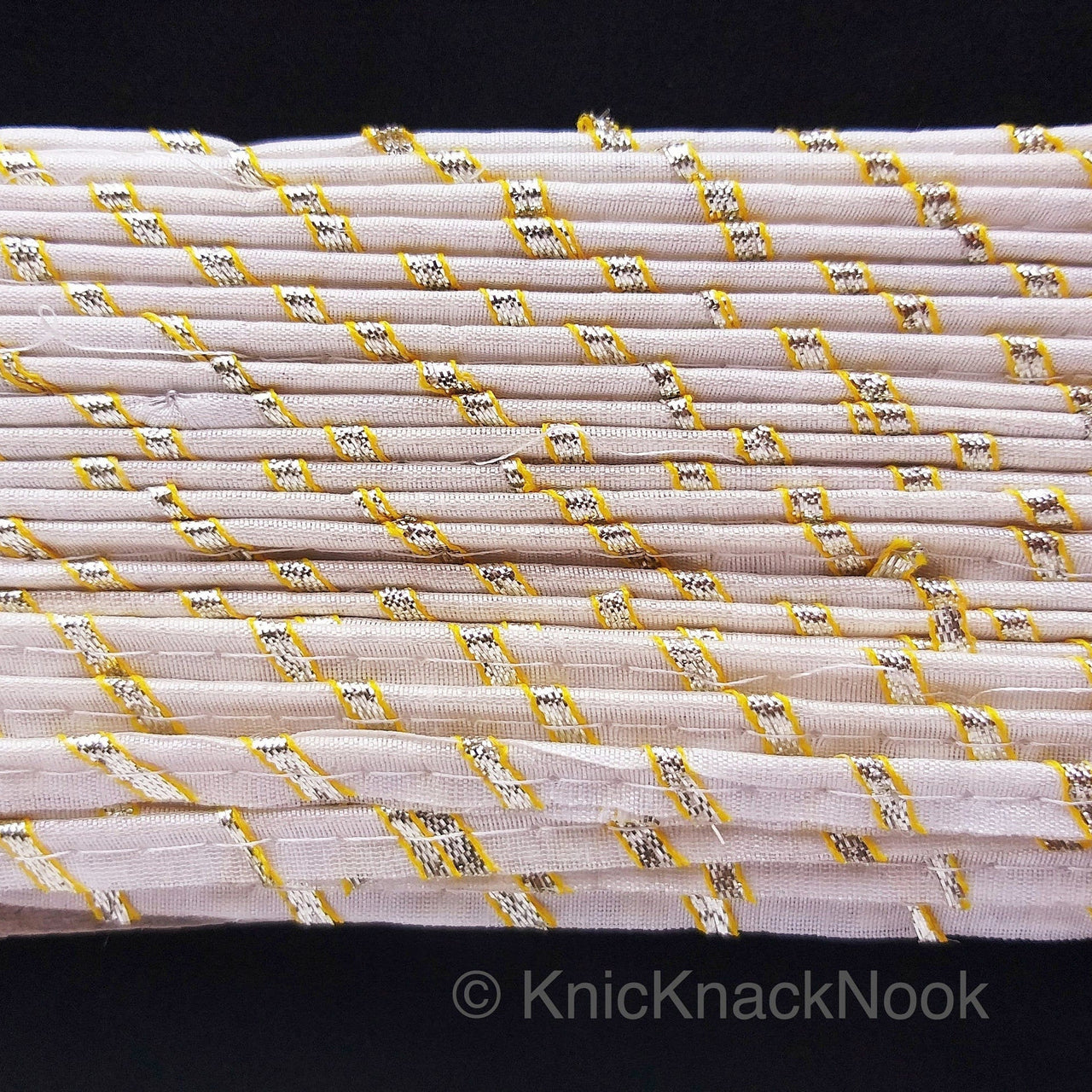 White And Gold Stripes Piping Cord Trim, Approx. 8 mm wide, One Yard Trim