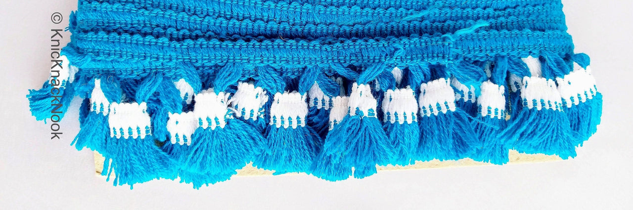 Blue and White Tassel With Blue Thread Lace Trim, Fringe Trim, Tassels