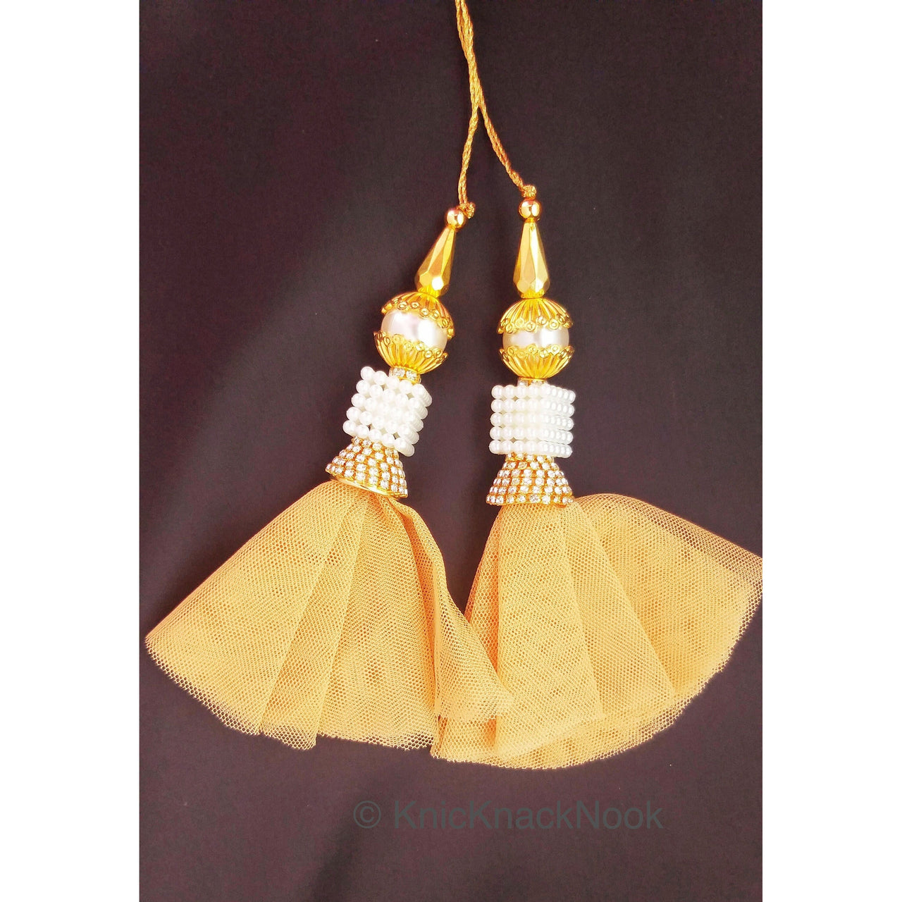 Net Tassels Latkan With Gold And Pearl Beads, Diamante, Crystal Latkan