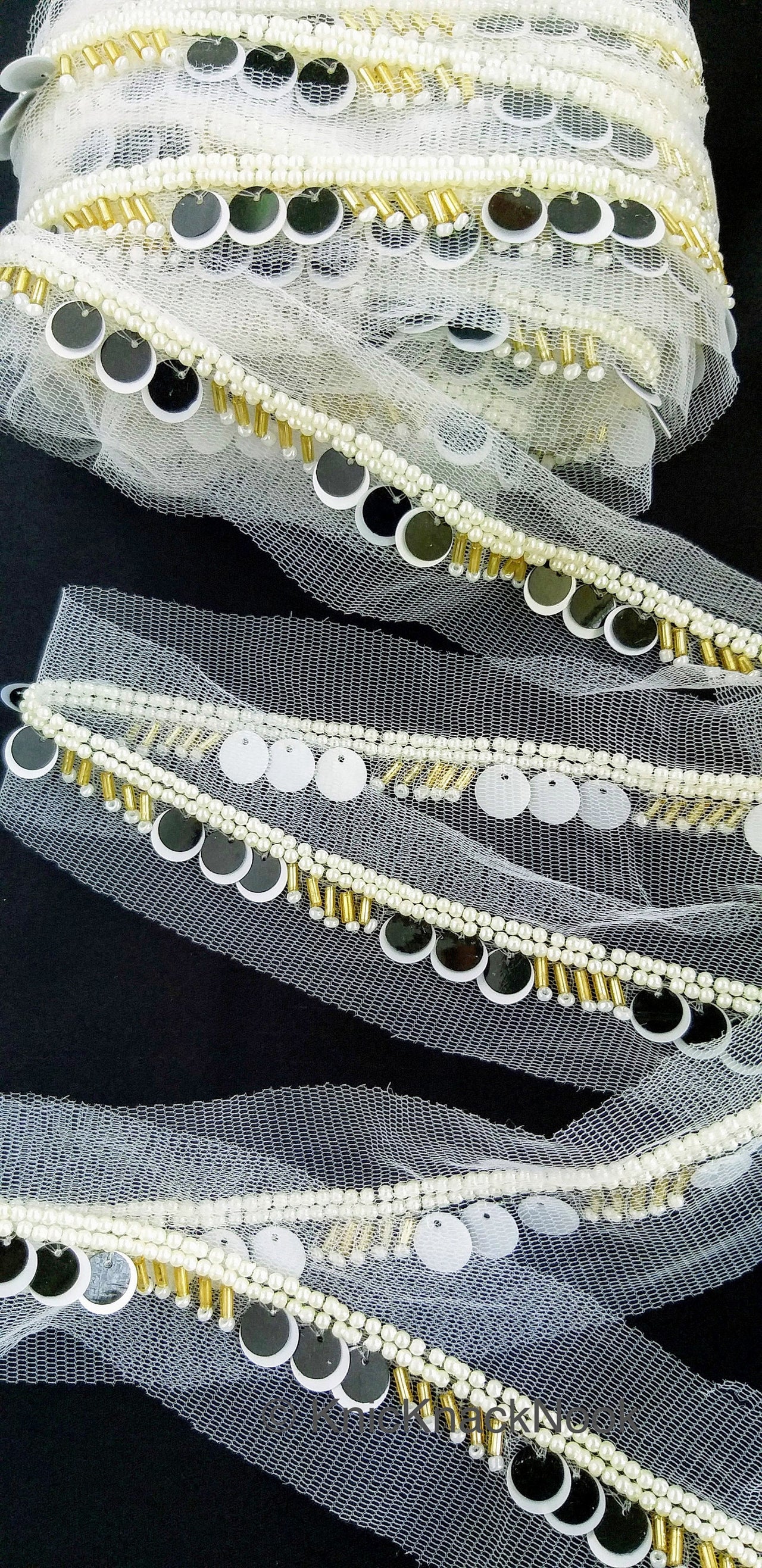 White Net Lace With Black & White Sequins and Beads, Exclusive Laces, Sequinned Trimming