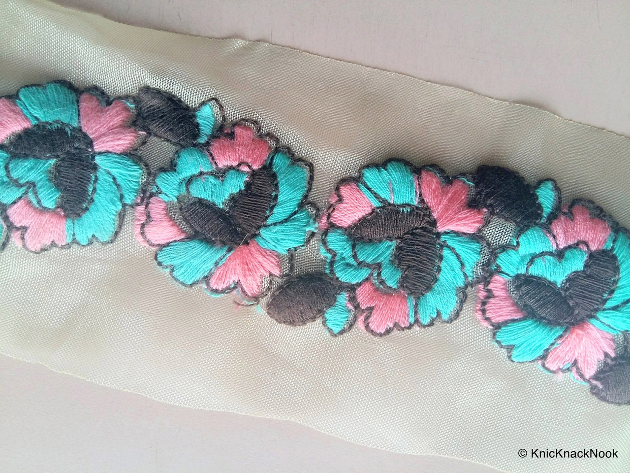 Wholesale Sheer Gold Fabric Trim With Blue And Pink Floral Thread Embroidery 9 Yard Lace, Embroidered Trim, 