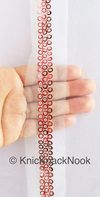 Thumbnail for White Net Lace With Red and Gold Sequins Lace Trim, Approx. 34mm Wide, Sequin Lace