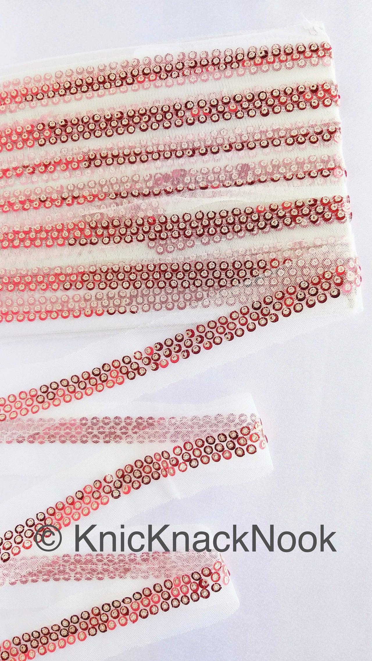 White Net Lace With Red and Gold Sequins Lace Trim, Approx. 34mm Wide, Sequin Lace